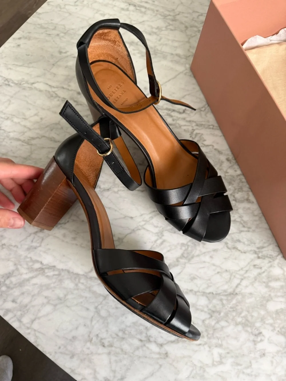Sezane Black Leather Block Heel Sandals with Brown Wood Heel EU40
